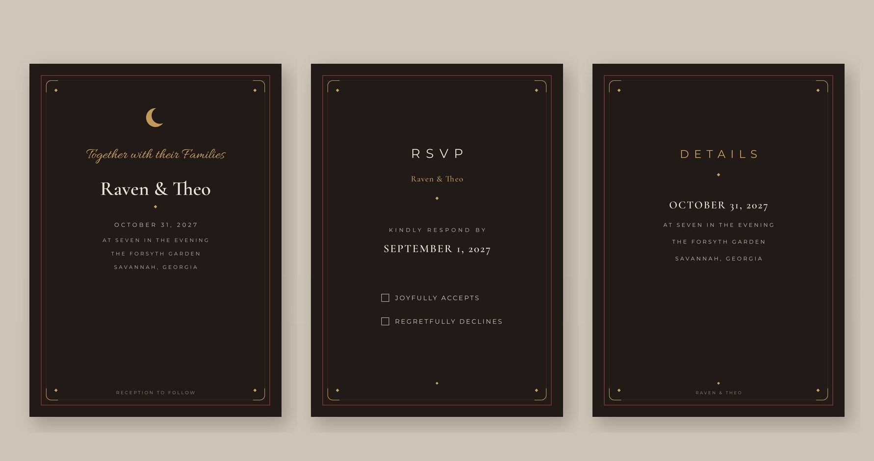 The full suite: invitation, RSVP, and details card